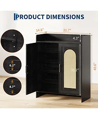 homfan Boho Rattan Shoe Cabinet for Entryway, Wooden Storage with 2 Doors, Farmhouse Rack Organizer