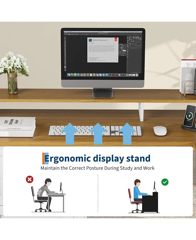 gaomon 63" L-Shaped Executive Desk with 4 File Drawers and Power Outlet – Corner Computer Desk with Monitor Stand, Home Office Desk