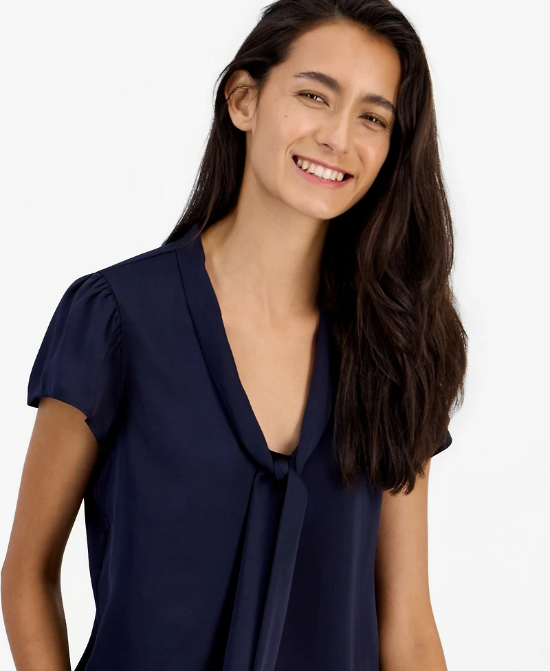 Bar Iii Women's Satin Tie-Neck Flutter-Sleeve Short-Sleeve Blouse, Macy's Exclusive