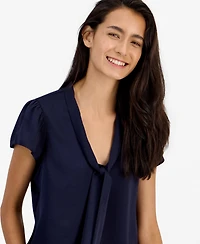 Bar Iii Women's Satin Tie-Neck Flutter-Sleeve Short-Sleeve Blouse, Macy's Exclusive