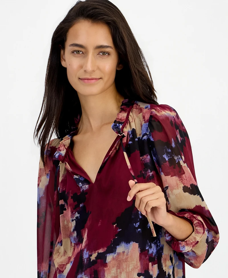 Bar Iii Women's Ruffle Tie Neck Long-Sleeve V-Neck Blouse, Macy's Exclusive