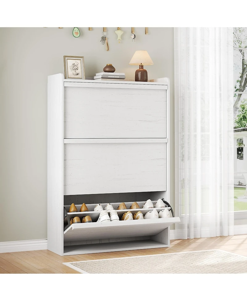 homfan Shoe Cabinet with 3 Flip Drawers - Hidden Wood Shoe Storage Cabinet for Entryway Hallway Living Room