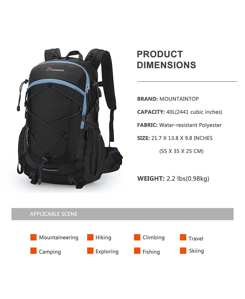 Mountaintop 40 Liter Hiking Backpack Lightweight Travel Backpack for Men Women Outdoor Camping Backpacking