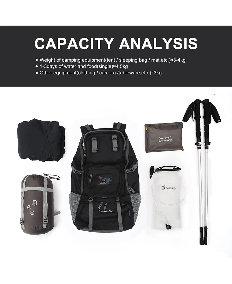 Mountaintop 40 Liter Hiking Backpack with 3 Hydration Bladder for Women Men Outdoor Travel Camping Day Pack Rain Cover