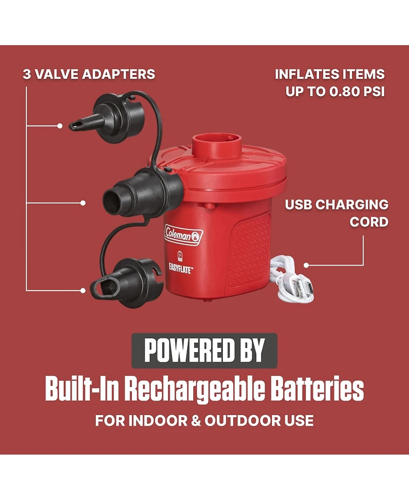 Coleman EasyFlate Rechargeable Electric Air Pump, Inflator with 3 Adapters