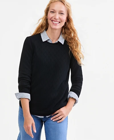 Style & Co Petite Solid Curved Hem Crew Long-Sleeve Mixed-Textured Stitch Sweater, Created for Macy's