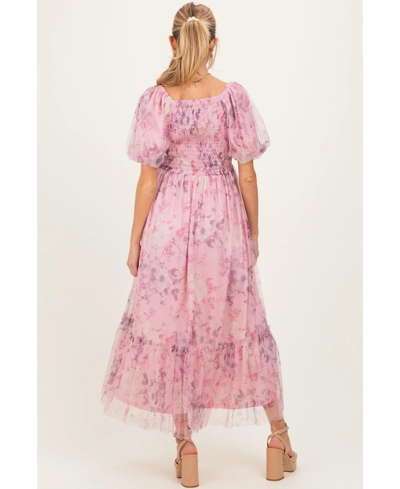 Pinkblush Maternity Pink Floral Printed Tulle Puff Sleeve Midi Dress