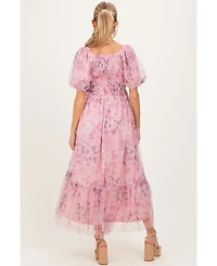 Pinkblush Maternity Pink Floral Printed Tulle Puff Sleeve Midi Dress
