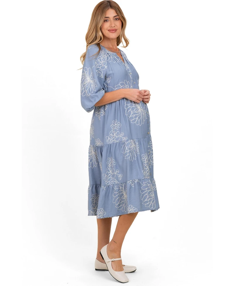 Pinkblush Maternity Blue Embroidered Tiered Midi Shirt Dress