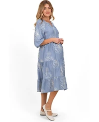 Pinkblush Maternity Blue Embroidered Tiered Midi Shirt Dress