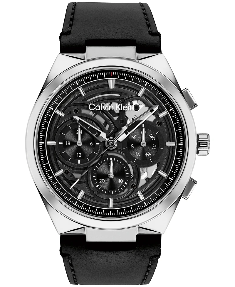 Calvin Klein Men's Distinguish Skeleton Black Leather Strap Watch 44mm