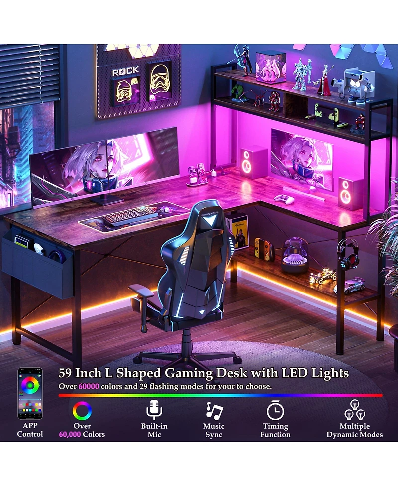 Aheaplus 49'' Reversible L Shaped Gaming Desk with Power Outlet and Led Lights, Corner Hutch & Monitor Stand
