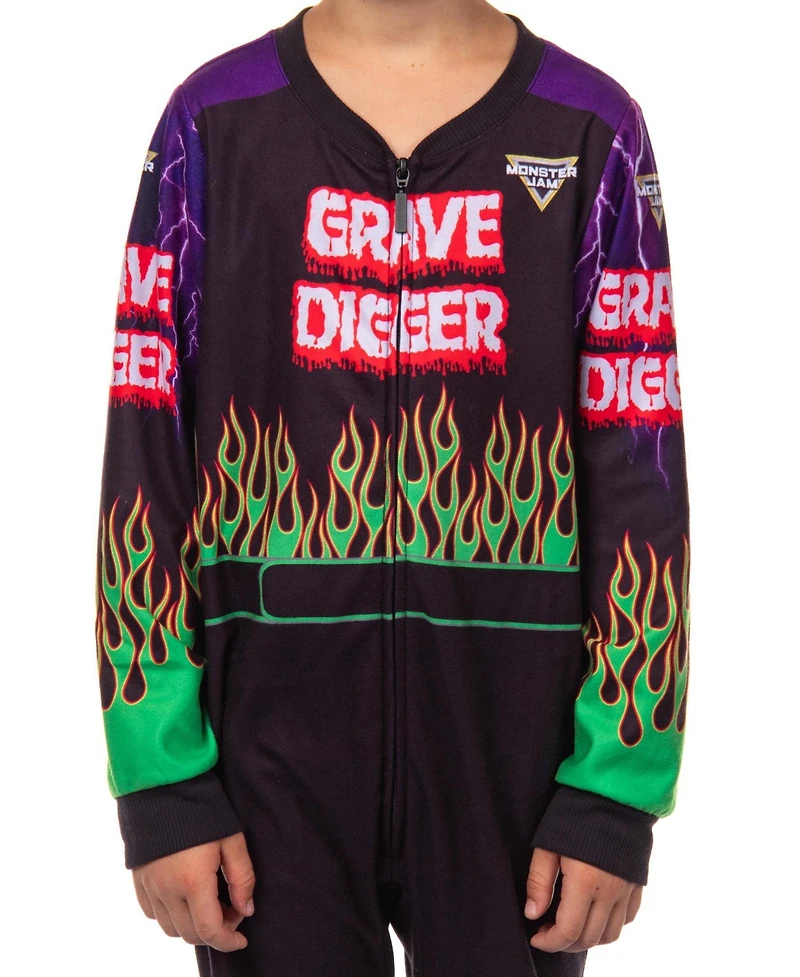 Monster Jam Grave Digger Boys' Union Suit Kids Fleece Monster Truck One Piece Pajamas