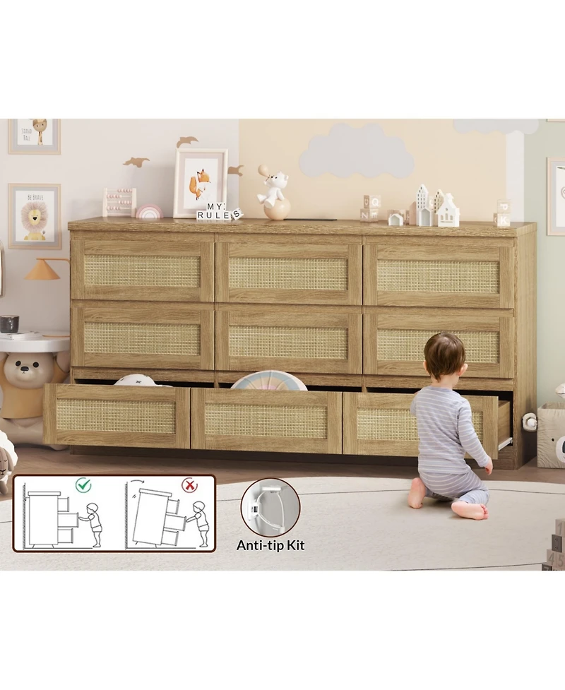 homfan Rattan 9 Drawer Dresser with Charging Station - Farmhouse Wood Chest of Drawers for Bedroom, Living Room