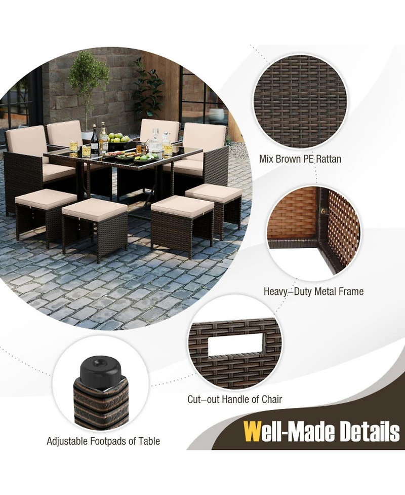 Sugift 9-Piece Rattan Patio Dining Set with Tempered Glass Table and Ottomans