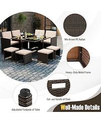 Sugift 9-Piece Rattan Patio Dining Set with Tempered Glass Table and Ottomans