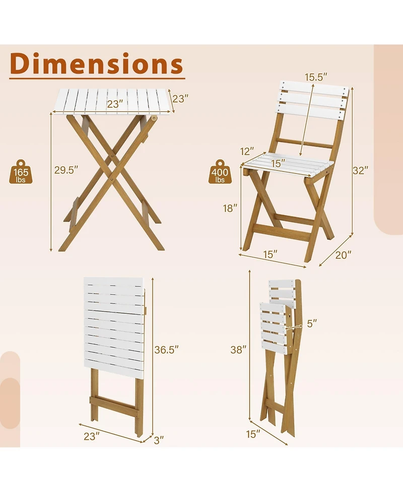 Sugift 3-Piece Folding Acacia Wood Patio Bistro Table and Chair Set