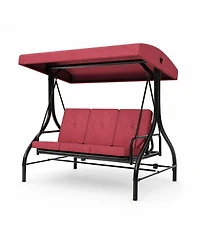 homfan 3-Seater Outdoor Porch Swing with Stand, 2-in-1 Convertible Swing Bed, Thick Cushion, Adjustable Canopy and 800-Lb. Capacity