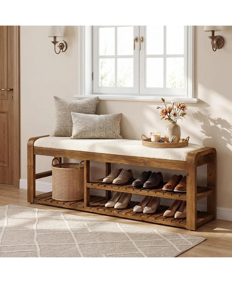 Tribesigns 55" Shoe Storage Bench with Removable Cushion, 2-Tier Farmhouse Solid Wood Entryway Shoe Rack, End of Bed Storage Upholstered Bench