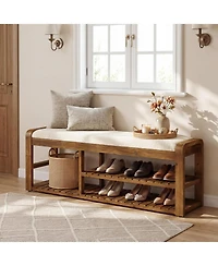 Tribesigns 55" Shoe Storage Bench with Removable Cushion, 2-Tier Farmhouse Solid Wood Entryway Shoe Rack, End of Bed Storage Upholstered Bench