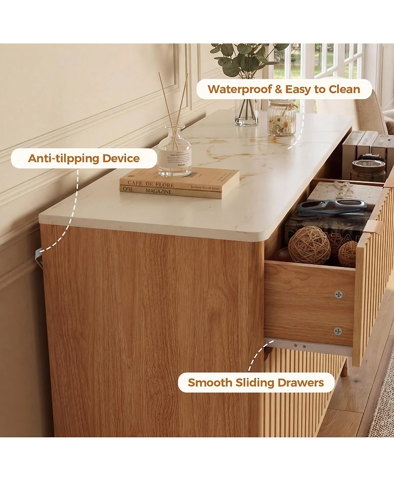 homfan Fluted 6 Drawer Dresser with Handles