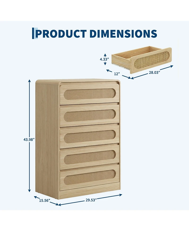 homfan Rattan 5 Drawer Dresser