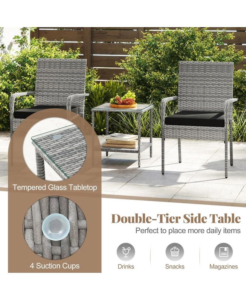 Gouun 3-Piece Rattan Patio Set with Cushioned Chairs and 2-Tier Glass Side Table