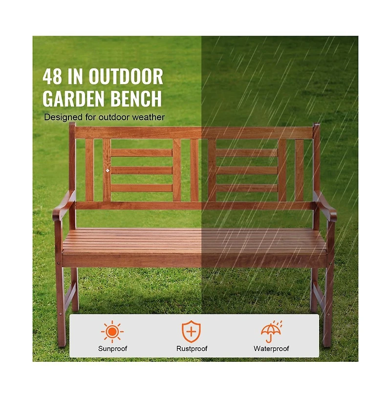 Sugift 48 in Outdoor Wood Garden Bench with Backrest and Armrests, 700 lbs Load Capacity, Patio Seating