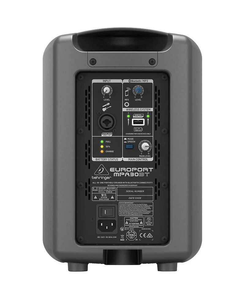 Behringer Europort MPA30BT Portable 30W Bluetooth Speaker, All-in-One Design with Rechargeable Battery and Wireless Streaming