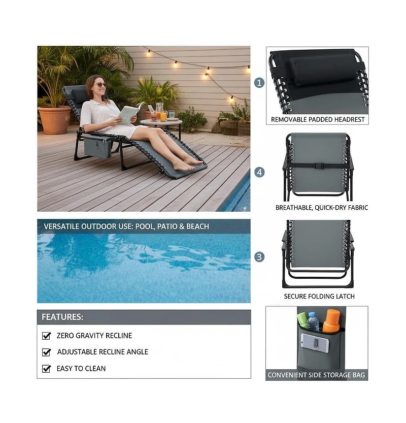 gaomon 5-Position Adjustable Outdoor Chaise Lounge Chair with Pillow and Side Pocket Collapsible, Portable Patio Recliner