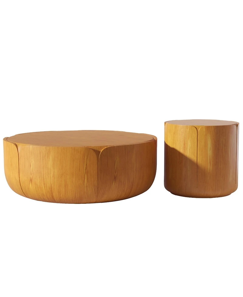 Clihome Round Outdoor Indoor Coffee Table Set, Modern Wood Grain Drum Center Table of 2