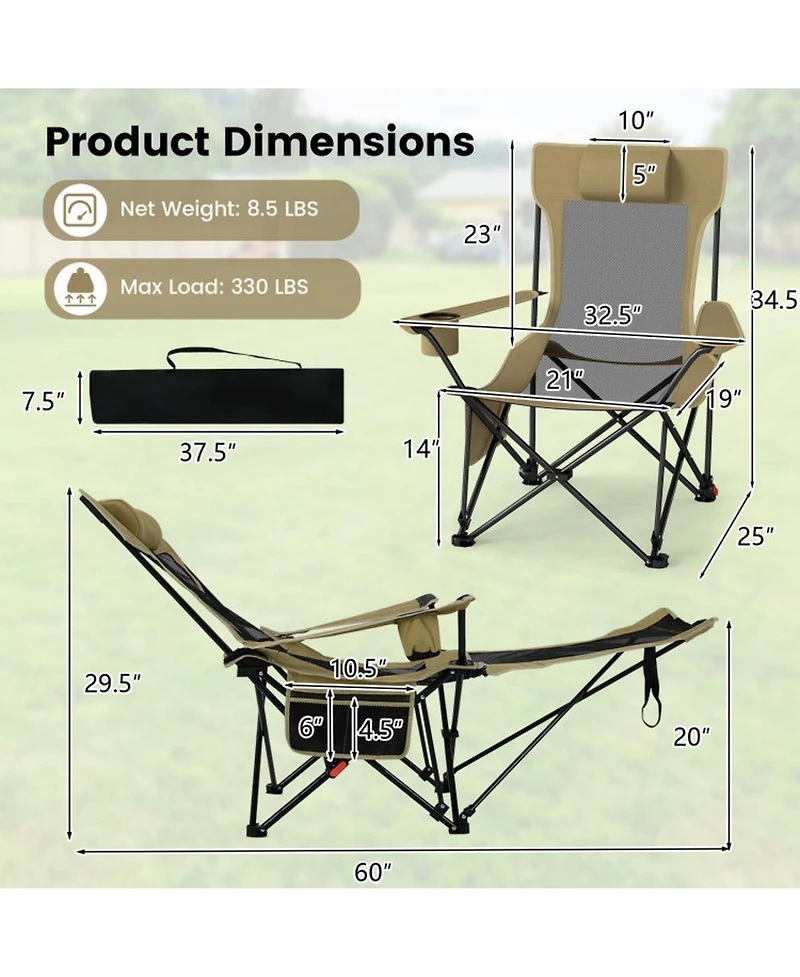 Gouun Reclining Camping Lounge Chair with Removable Footrest and Adjustable Back