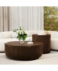 Clihome Round Outdoor Indoor Coffee Table Set, Modern Wood Grain Drum Center of 2