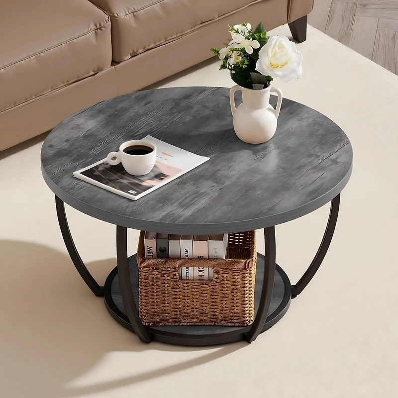 Sugift Coffee Table Modern Round 2 Tiers Wooden Circle with Open Storage