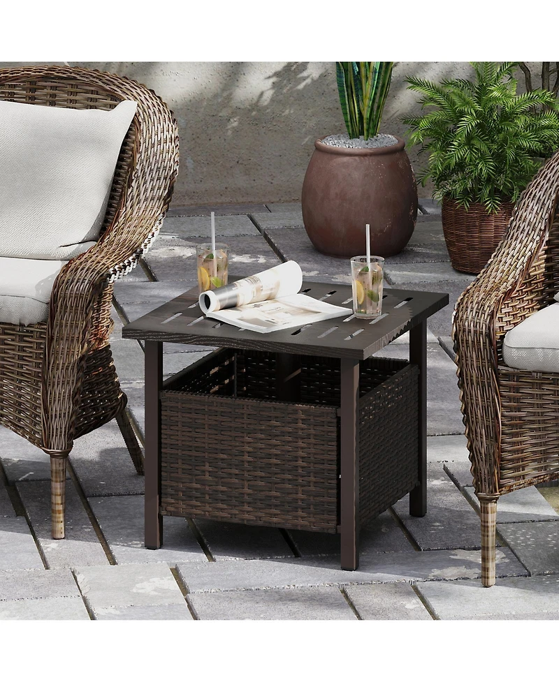 Sugift All-Weather Pe Wicker Outdoor Side Table with Umbrella Hole