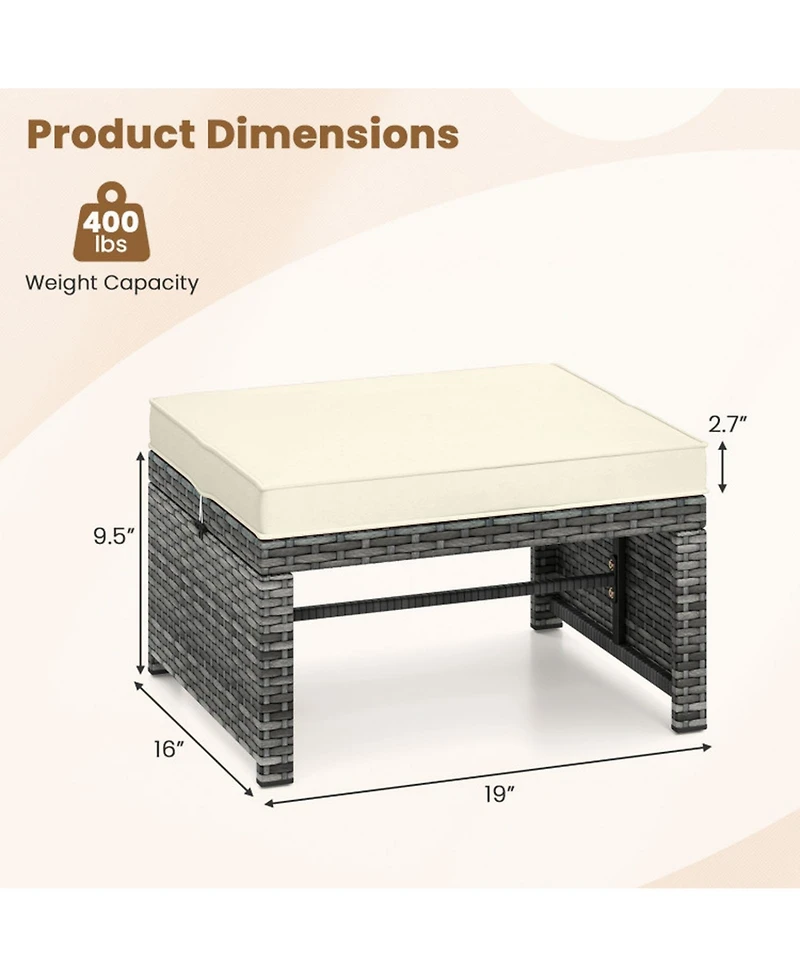 Gouun Set of 2 Pe Rattan Outdoor Ottomans with Zippered Cushions and 400 lbs Capacity