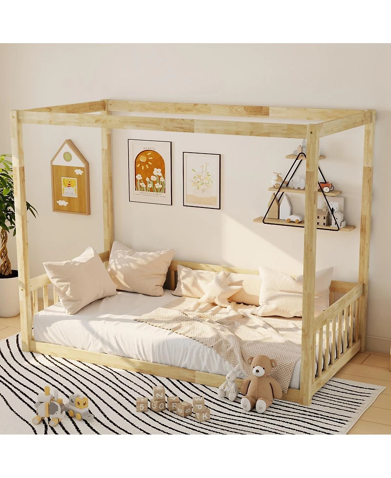 Streamdale Furniture Twin Size Canopy Frame Floor Bed with Fence Guardrails