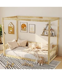 Streamdale Furniture Twin Size Canopy Frame Floor Bed with Fence Guardrails