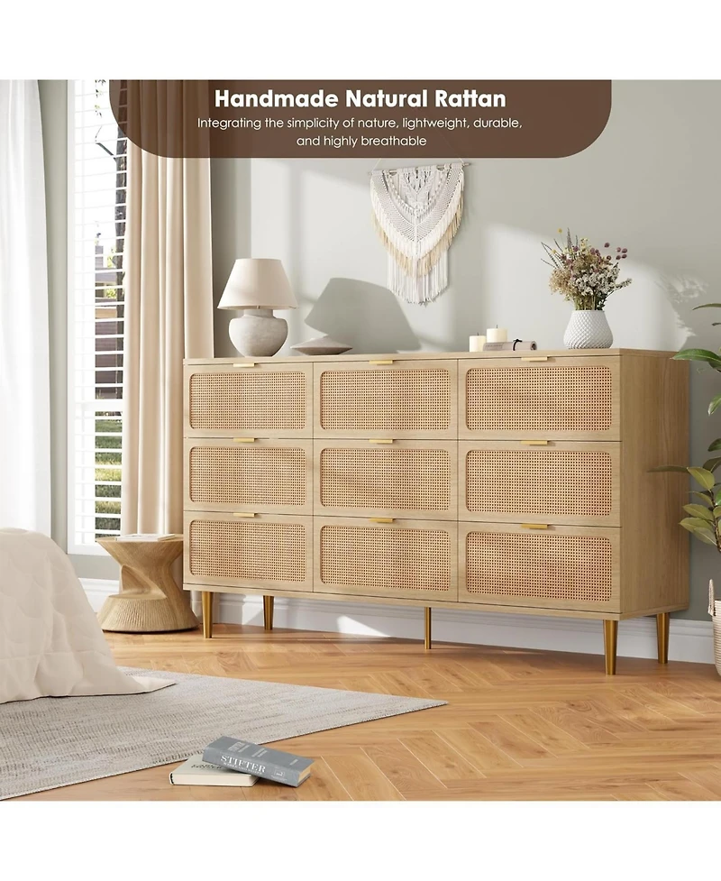 gaomon Rattan 9 Drawer Dressers for Bedroom, Tall Dresser with Deep Drawers