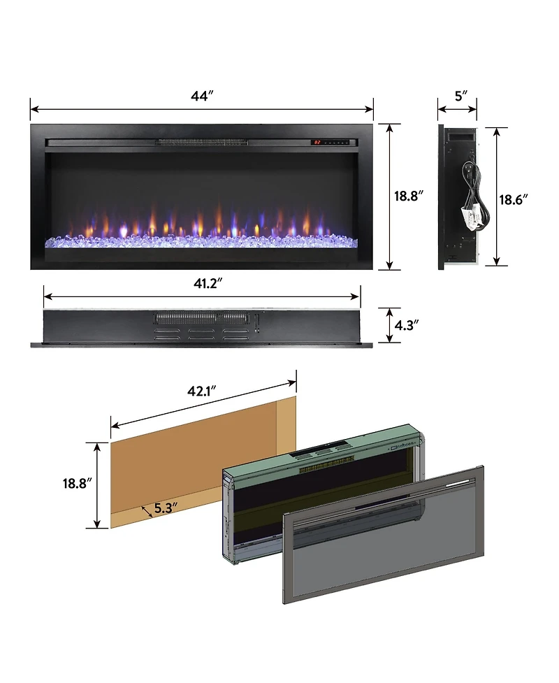 Clihome 44 inch Wall Recessed Electric Fireplace with Remote Control and Multi Color Flame