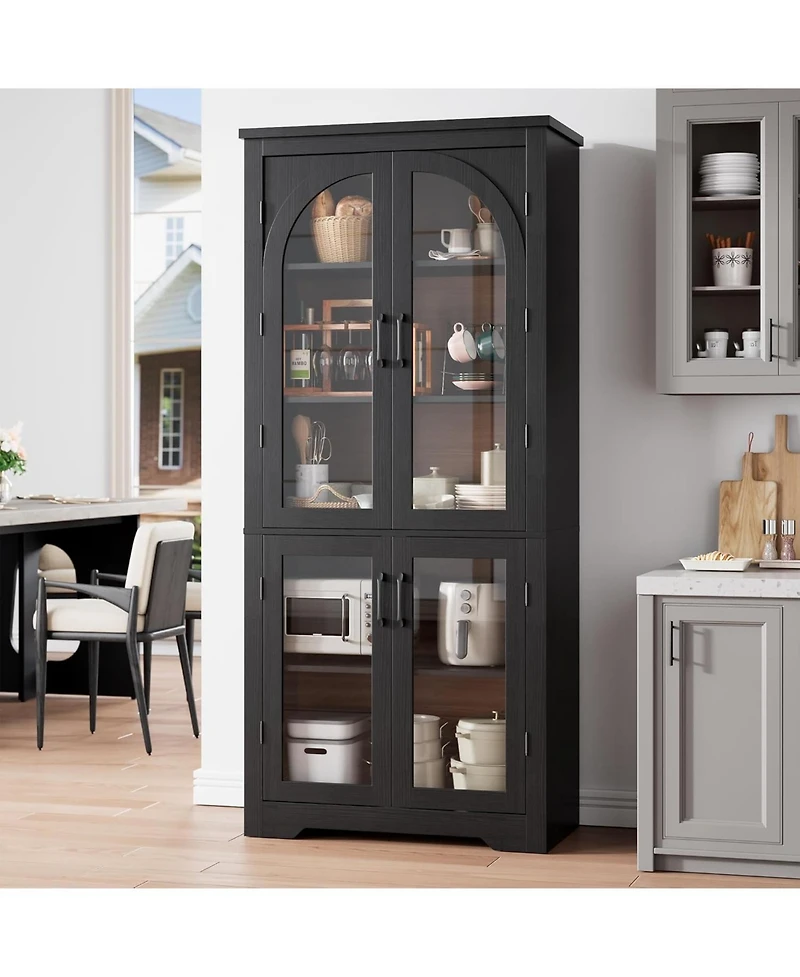 gaomon 70" Tall Kitchen Pantry Cabinet with 4 Arched Glass Doors, Modern Display Storage Adjustable Shelves