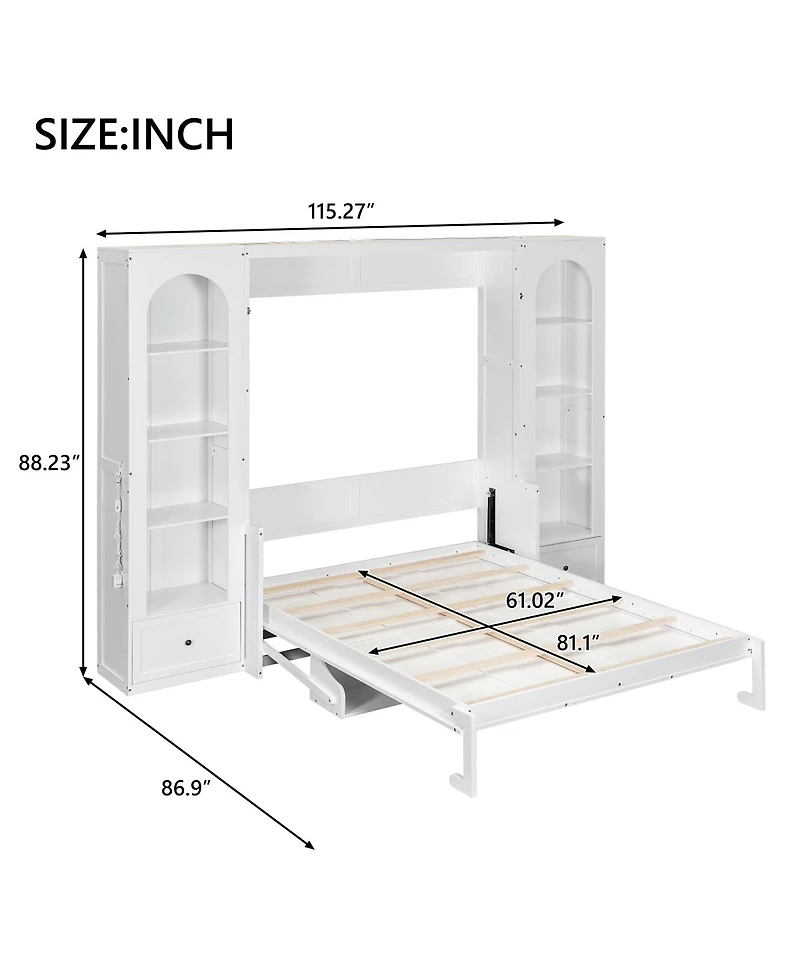 Streamdale Furniture Queen Size Murphy Platform Bed with Shelf Side Cabinets Drawers and Led
