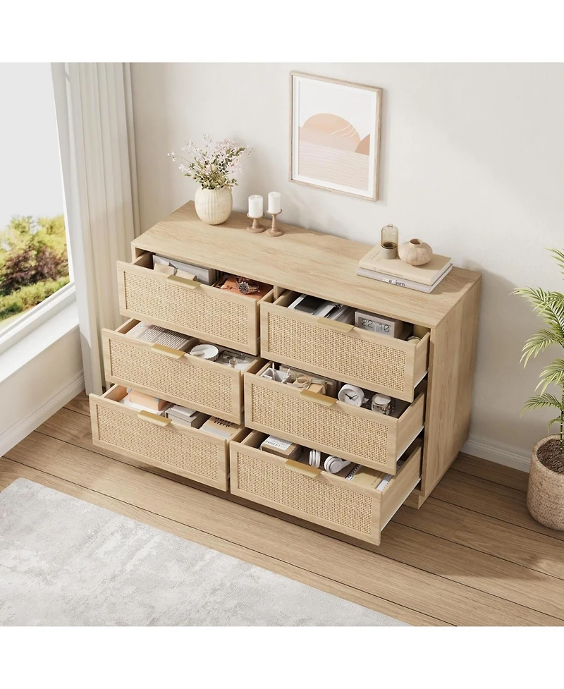 gaomon 6 Drawer Rattan Dresser for Bedroom, Natural Wood Chest of Drawers with Integrated Legs, Rattan Dresser for Hallway, Entryway and Closet