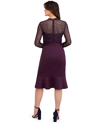 London Times Petite Beaded Illusion Mock-Neck Midi Dress