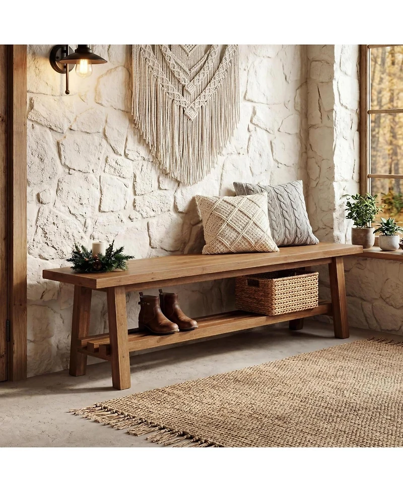 Slickblue 55" Solid Wood Entryway Bench with 2-Tier Shoe Storage