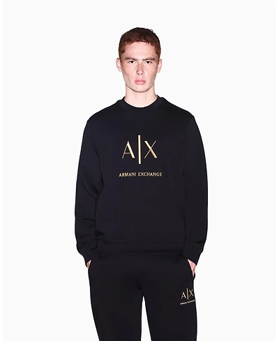 A|X Armani Exchange Men's Black And Gold Bonded Cotton Crewneck Sweatshirt