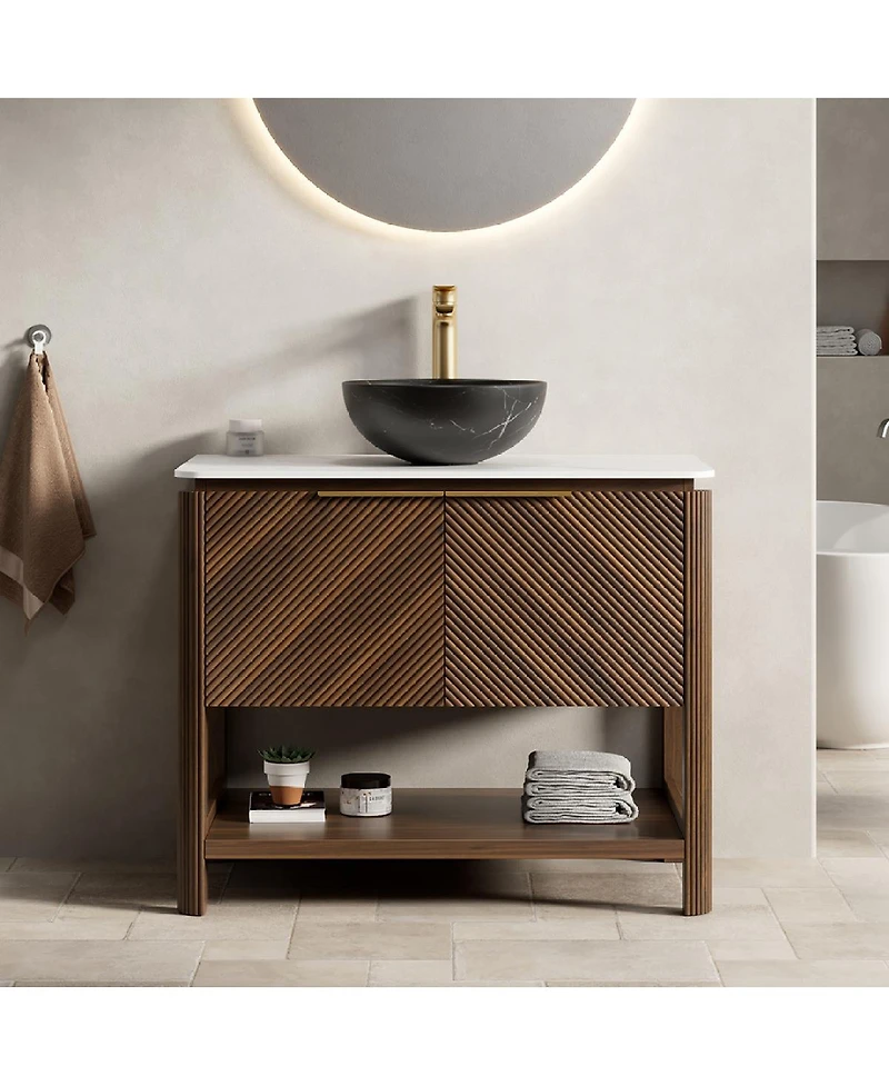 Sillysis 30" Modern Bathroom Vanity with Vessel Sink, Sintered Stone Countertop, Soft Close Solid Wood 3D Doors, Open Shelf Storage