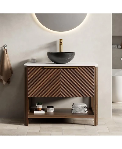 Sillysis 30" Modern Bathroom Vanity with Vessel Sink, Sintered Stone Countertop, Soft Close Solid Wood 3D Doors, Open Shelf Storage