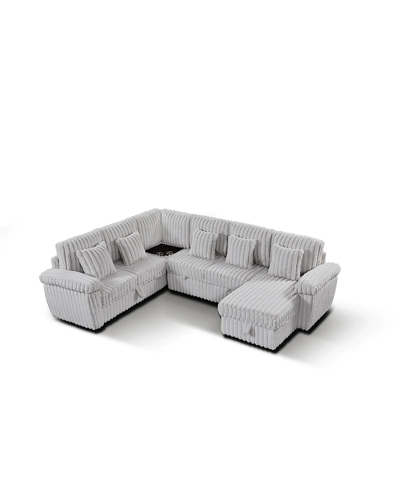 Streamdale Furniture 103'' U-Shaped Corduroy Sectional Sofa with Storage Pull-Out Bed and Usb Port