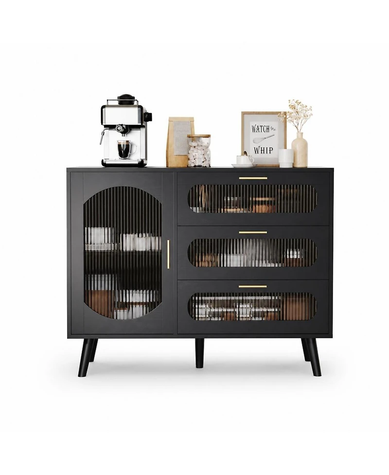 homfan Buffet Cabinet with Fluted Glass Door, 3 Drawers and Adjustable Shelves, Sideboard Storage for Kitchen, Dining Room and Living Room